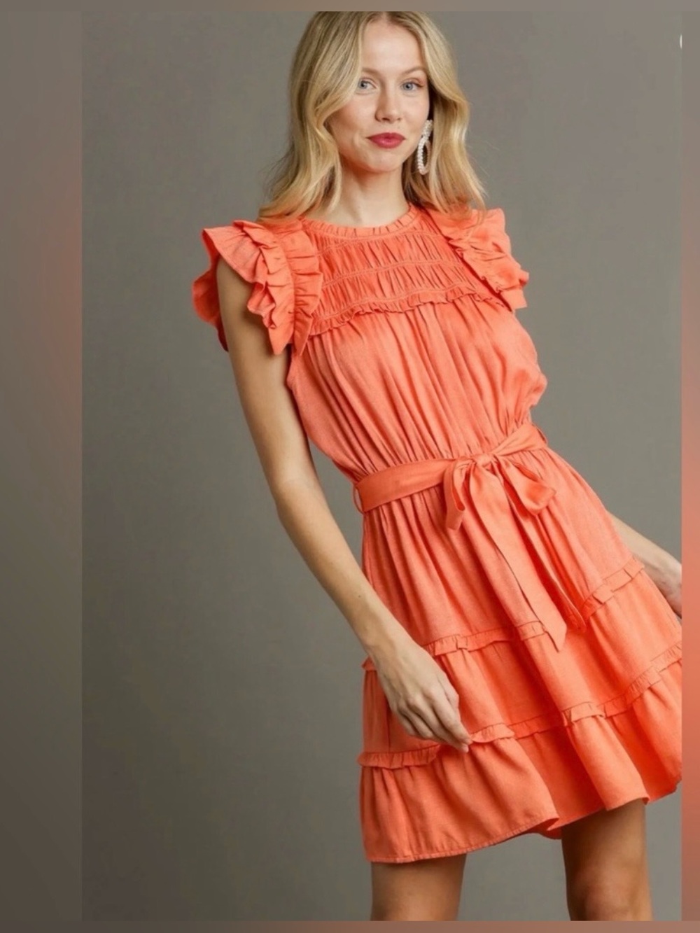 NEW! UMGEE Smocked Round Neck Flutter Sleeve Tiered Dress in Tangerine 🍊
